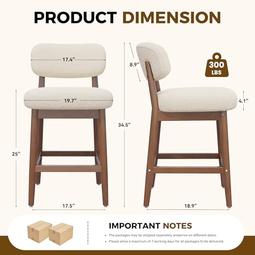 Image of Counter Height Solid Wood Bar Stools Set of 2, Fluffy Boucle Bar Chairs with Thick Cushion, Mid-Century Modern Upholstered Stools with Backrest for Kitchen Island, Home Bar, White