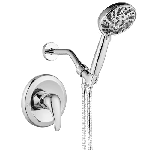 gotonovo Single-Handle Shower Faucet Set Shower Kit with Valve Shower Head and Handle Set Shower Trim Kit with 6 Modes ABS Handheld Shower Fixtures Shower Valve and Trim Kit Polished Chrome