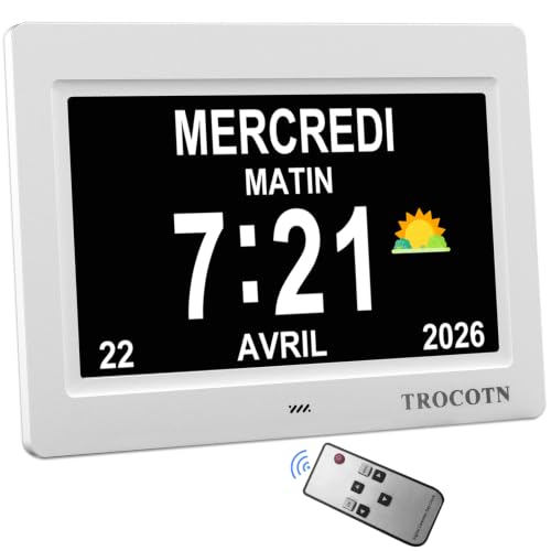 TROCOTN Horloge numérique Grand écran avec Calendrier pour Seniors, icônes Soleil et Lune, Heure d'été Automatique, Mode Nuit avec Gradation, Affichage Multicolore, Facile à Lire (7 Pouces, Blanc, 1)