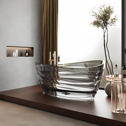 Natural Resin Freestanding Bathtub - Modern Oval Soaking Tub, Non-Slip