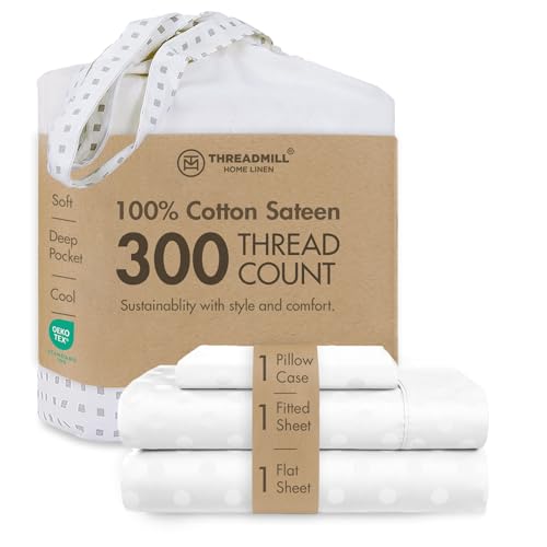 Image of Threadmill 300 Thread Count Cotton Twin Sheet Set, Sateen, Jacquard, White | 100% Cotton, Sateen Weave, Jacquard Pattern, 3-Piece Set, 16 inch Deep Pocket, Cooling, Breathable, OEKO-TEX Certified