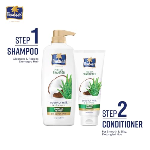 Image of Parachute Advansed Protein Shampoo + Conditioner Combo | with Coconut Milk & Aloe Vera | For Damage Repair | Paraben free | 650 + 170ml