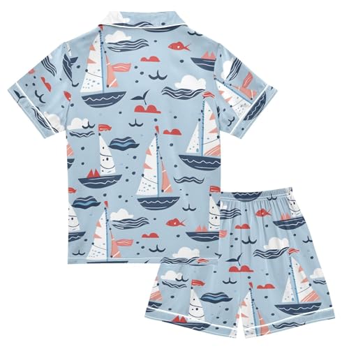 ALAZA Sailboat Bird Blue Pajamas Satin Pajama Set Short Sleeve Button Down Sleepwear2