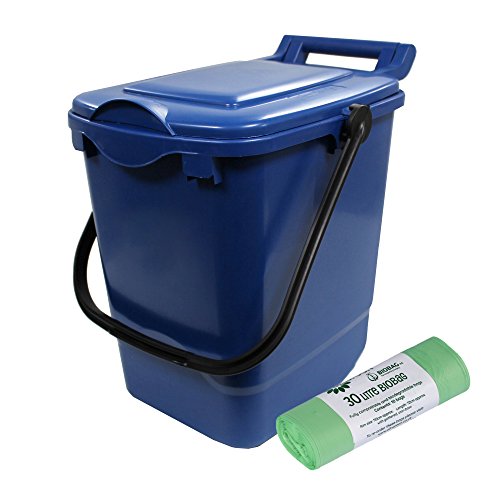 Large Blue Compost Caddy/Plastic Kerbside Bin for Food Waste Recycling (23 Litre) - 23L & 10 x 30L Compostable Bags with Composting Guide