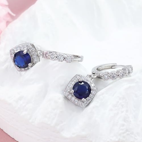 Dangle Hoop Earrings Sterling Silver Huggie Earrings with Princess Cut Blue Square Halo CZ Charm Dangling Drop Cartilage Cuff Earring Hypoallergenic Jewelry For Women Wife Party Birthday Wedding Gifts2