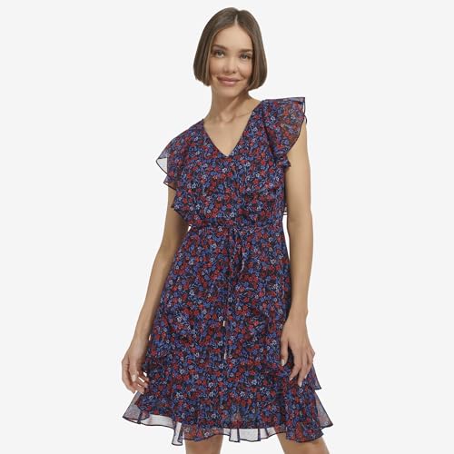 Image of Tommy Hilfiger Women's Sleeveless V-Neck Ruffle Trim Tie Waist Chiffon Mini Dress