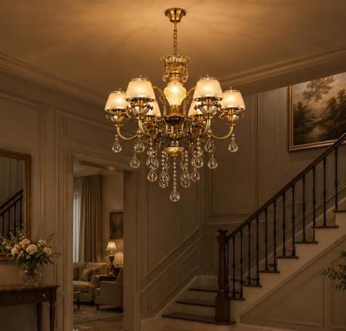 Image of Italian Chandelier Lamp, Antique Gold Finish, 6-Light Hanging Light with Six Big Head Decorative Crystals with Filament Bulb (Multicolor, 6 * 5W)(Corded Electric, Glass)