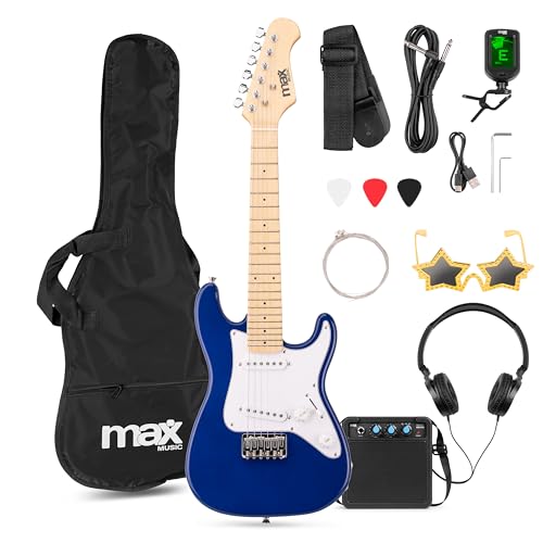MAX GigKit Junior 1/4 – Guitarra eléctrica infantil con amplificador, funda, afinador, púas y accesorios – kit guitarra y amplificador ideal para niños y niñas de 3 a 7 años – color azul