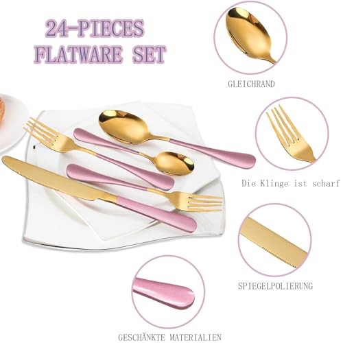 Maxspace Besteck Set 6 Personen, 24-teiliges Silbrig Edelstahl Flatware Set mit Besteckhalter Löffel Gabeln und Messer, Cutlery Set für Haus Restaurant Zusammenkommen (Rosé Gold)
