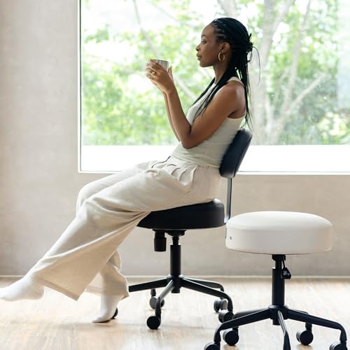 Image of Heavy Duty Extra Wide Thick Cushion Seat Adjustable Height Swivel Rolling Stool with Tiltable Backrest for Clinic, Salon, Tattoo, Office, Bar and Home - NAIA 502B (Vanilla)