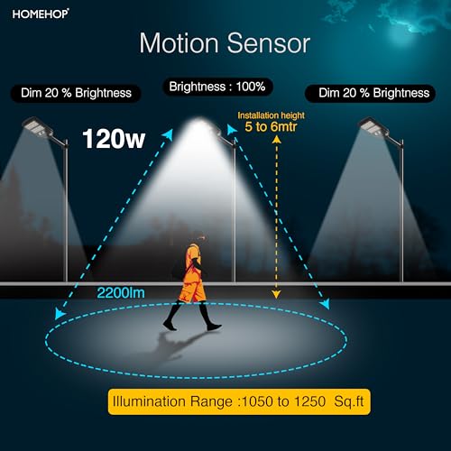 Image of Homehop Solar Street Light Outdoor Waterproof 120 Watt LED Wireless Motion Sensor Lamp with Pole for Home, Garden, Wall, Pathway, Dusk to Dawn (ABS- Cool Light)