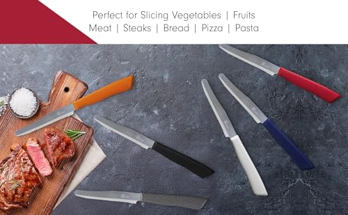 Tredoni 6 kitchen Knives - 4.3"/11cm Italian Stainless Steel Serrated Vegetable/Steak/Table Knife Cutlery, Rounded Tip (Red) - Thumbnail 5
