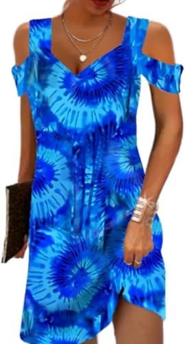 Image of Summer Dresses for Women 2026 Cold Shoulder V Neck Vintage Print A-Line Dress Beach Vacation Boho Mini Sundress