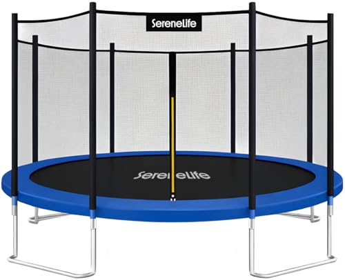 SereneLife 12FT Trampoline Outdoor – Heavy-Duty Backyard Trampoline for Kids and Adults with Wide Jumping Surface, Stable L-Shaped Legs, Safety Net, ASTM Approved, Supports 264 lbs., 144 x 106 IN