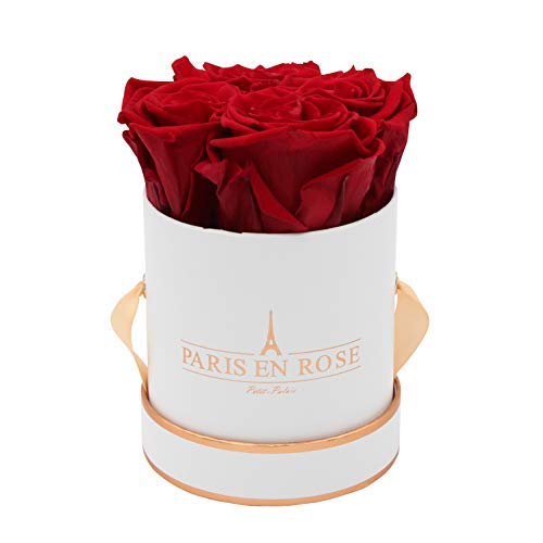 PARIS EN ROSE Rosenbox Petit Palais Bijou | bis 3 Jahren haltbar | Weiß-Roségold mit bordeauxroten Infinity Rosen | Flowerbox mit 4 konservierten Blumen