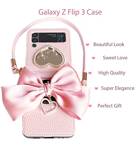 Galaxy Z Flip 3 Case With Strap Girly Cute For Samsung Galaxy Z Flip 3 5G Case With Big Bow And Makeup Mirror Z Flip 3 Case With Strap Pu Leather (Pink) #TOP4