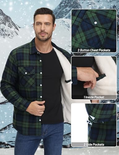 TACVASEN Men's Winter Jakcets Fleece Lined Checked Jacket Flannel Work Shirts Autumn Lumber Shirt Jacket Casual Cargo Jacket Green M - Image 4