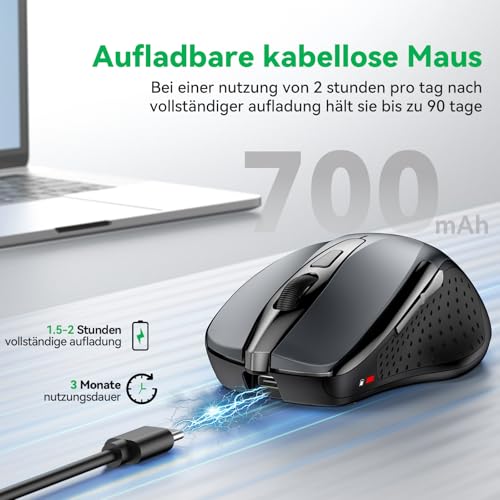 TechRise Bluetooth Maus, 2.4G Maus Kabellos (BT 5.0/3.0 + 2.4G) 4800 DPI Wiederaufladbare Ergonomische Mouse mit USB-A Empfänger, 6 Stufen DPI Stille Funkmaus für Laptops, Computer, PC, Windows, Grau