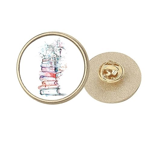Broche en métal doré ronde motif livres Building Street aquarelle, taille M
