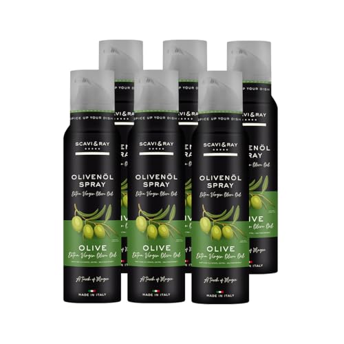 SCAVI & RAY Olivenöl-Spray Olive 6 x 200 ml - Aromatisches Oliven-Würzöl aus Italien, Koch-Spray mit 3 Dosierstufen für Salate, Fisch & Antipasti, aromatisches Gourmet-Öl