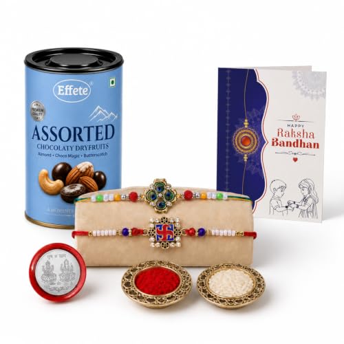 Image of DeoDap Rakhi with Chocolate for Brother - Swastik & Peacock Feather Design Rakhi 2 Pc with Chocolate, Silver Color Coin, Greeting Card & Tilak Set - Raksha Bandhan Combo Set for Bro (K2 1251+1866 AS96)
