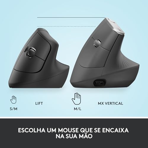 Mouse Sem Fio Logitech Lift Vertical com Design Ergonômico para Redução de Tensão Muscular, Cliques