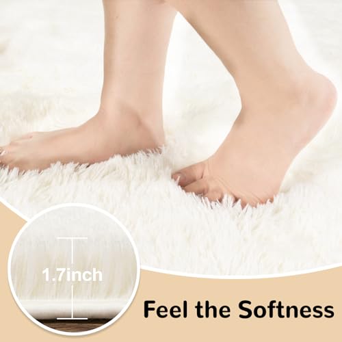 Cream White Rugs for Bedroom, 2x3 Feet Fluffy Area Rugs for Living Room, Soft Shag Kids Rug Small Carpet with 4 Non-Slip Rug Pads (2ft x 3ft, Cream White)