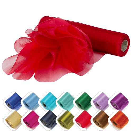 Personalize Pro 29cm x 25m Organza Sheer Fabric Roll | Elegant Decorative Cloth for Weddings, Special Events, Ribbons, Dress Accents, Chair Bows, Table Runners, Party Favors & Crafting | Red