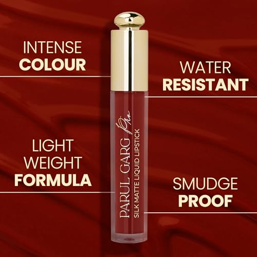 Image of Parul Garg Beauty Silk Matte Liquid Lipstick | Long-Lasting & Smudge-Proof | Soft Matte Finish | Vegan & Clean Beauty | Hydrates with Shea Butter & Vitamin E | Shade: Hibiscus 01 - Deep Red, 3ml