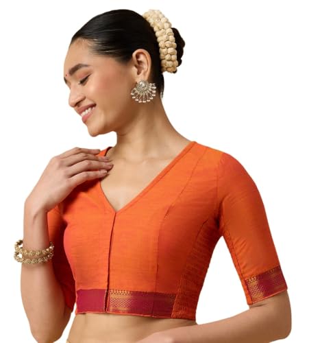 Image of Studio Shringaar Women's Handloom Cotton Stretchable (Smocked) Saree Blouse with Temple Zari Border