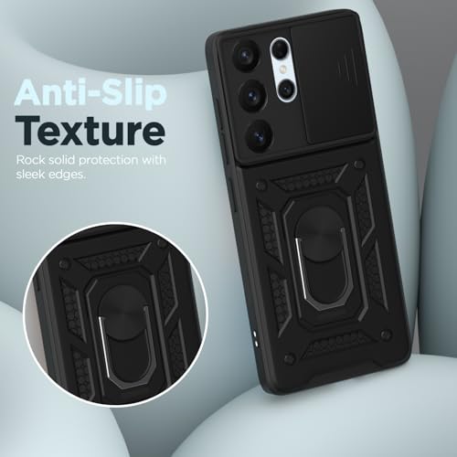 Image of Pikkme Back Cover for Samsung Galaxy S26 Ultra 5G | 360 Protection Case | Sliding Camera Shield Cover & Ring Holder Stand D10 Tough Armor Bumper Case (Black)