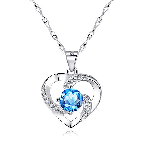 wynn's Silver Necklace for Women, 925 Sterling Silver Heart Necklace, 45cm Love Heart Necklace Pendant Set with Blue Cubic Zirconia, Gift for Lady Girlfriend Mother Wife