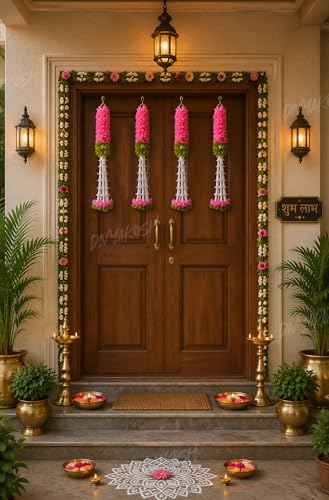 Image of Divyakosh Hanging Gajra Set of 4 | Small 15 Inch Pink-Green Fabric Floral Wall Hangings | Temple & Pooja Room Decoration Items | Backdrop Decor for Festivals & Diwali