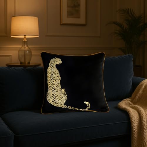 Image of Black Velvet Cushion Cover Set of 2 | 16x16 Inch | Gold Leopard Cheetah Print | Fancy Designer Sofa Cushion Covers | Animal Print Velvet Cushion Cover for Living Room Bedroom