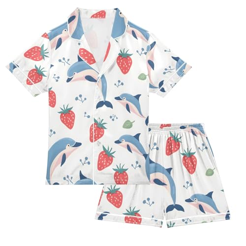 ALAZA Cute Dolphin Strawberry Pajamas Satin Pajama Set Short Sleeve Button Down Sleepwear