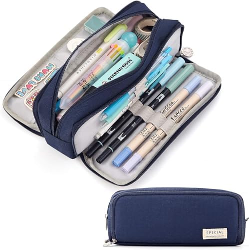 FINEMOE Canvas Large Capacity Pencil Pouch for School Girls & Boys, 3 Compartment Pencil Case, Aesthetic Stationery Pouch, Pen Organizer for School, College & Office, Blue