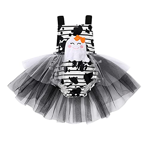 Baby Girl Halloween Romper Infant Strap Bodysuit Backless Tulle Party Outfits (0-3 Months, Black&White)