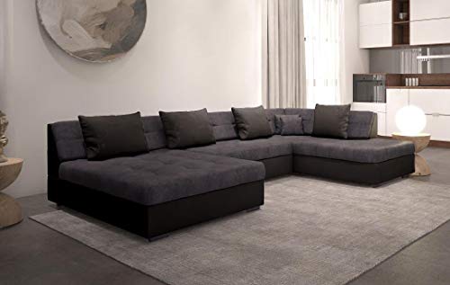 OTIA - Canapé d'angle panoramique et Convertible XXL en U - en Simili et Tissu - Angle Droit (Gris et Noir)