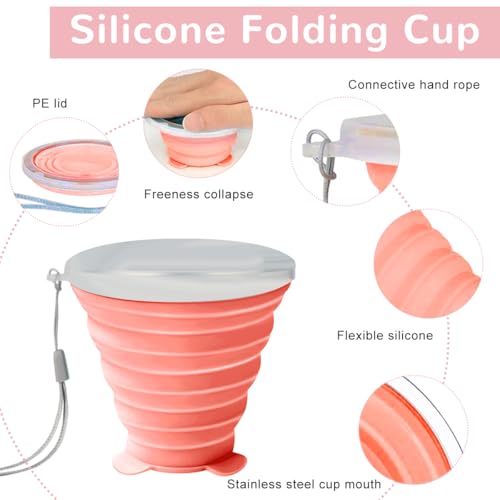 Image of HASTHIP 2 Pack Collapsible Cup For Travel Accessories Small Silicone Foldable Glass Cups With Lids Camping Accessories For Outdoor Reusable Expandable Drinking Cup Travel - Pink&Green ,180 Ml