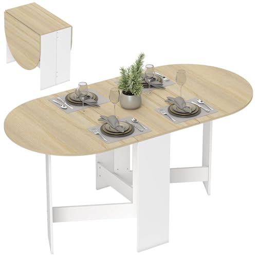 HOMCOM Table à Manger Pliante, Table Pliante Cuisine Ovale jusqu'à 6 Personnes, pour Petits espaces, Salle à Manger, Bois Naturel et Blanc
