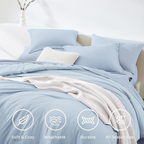 Image of Queen Comforter Set-7 Pieces Soft Prewashed Bed in a Bag Queen Bedding Sets | All Season Comforter with Sheets, Pillow Shams & Pillowcases,Ice Blue