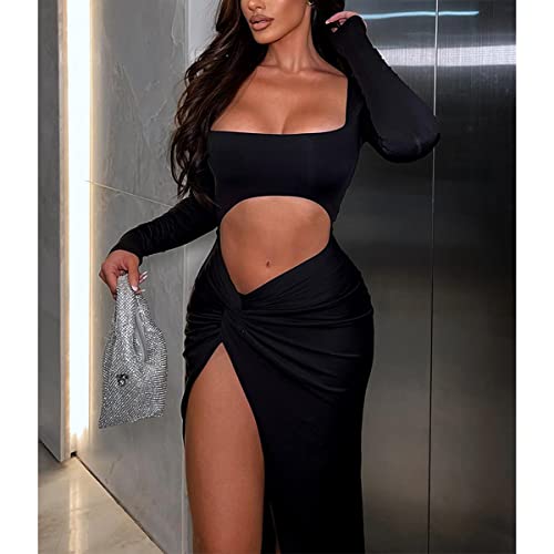 Lufeng LF188-5 Women'S Sexy Long Sleeve Cutout High Slit Maxi Long Dress Square Neck Twist Knot Party Dresses Black thumb #1