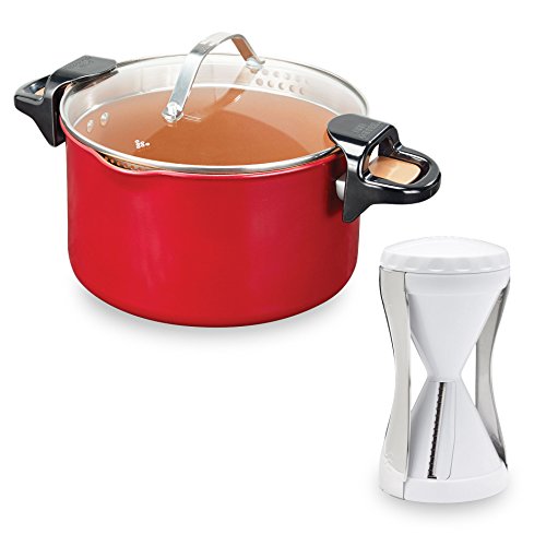 Red Copper Better Pasta Pot + Veggetti by BulbHead, Locking Handles and Straining Lid