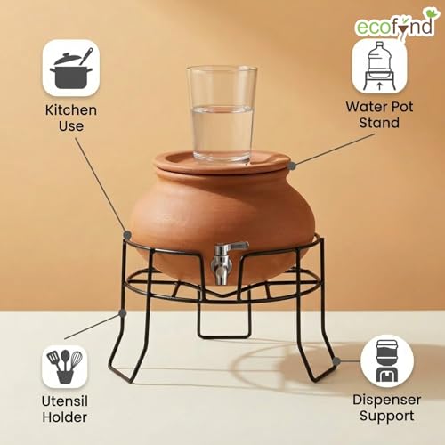Image of ecofynd Round Heavy Duty Cole Matka Stand for Kitchen, Water Pot Stand, Terracotta Stand for Kitchen Utensils, Multipurpose Dispenser Rack, Pot Stand, Jar Holder, (PS302-BLK)