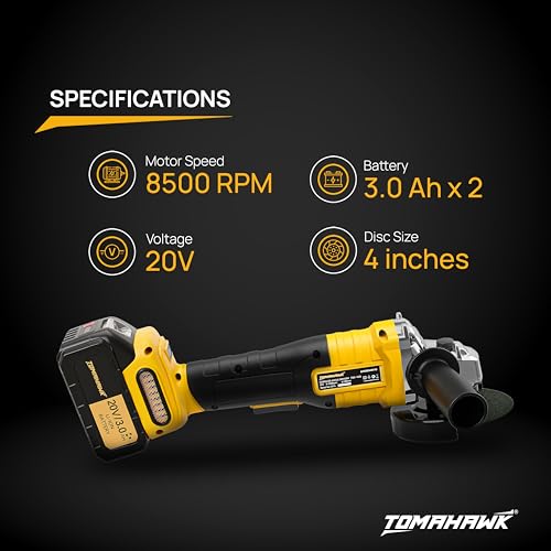 Image of Tomahawk TSG-1525 20V Brushless Cordless Angle Grinder with 2 x 3.0Ah Batteries & Charger | 4 Inch Disc | 3-Speed up to 8500 RPM | Trigger Lock