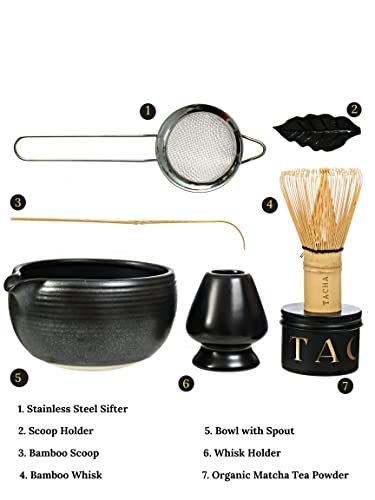 Tacha Premium Matcha Tea Set | Matcha Tea Powder | Ceremonial Matcha Tea Making Tool | Whisk Holder Black Bowl, Spout, Scoop, And Sifter (7 Piece Set) #TOP4