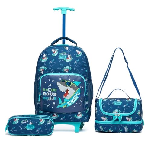 Kit Mochila de Rodinhas Escolar Infantil Lancheira Térmica Estojo Resistente Masculino Tubarão