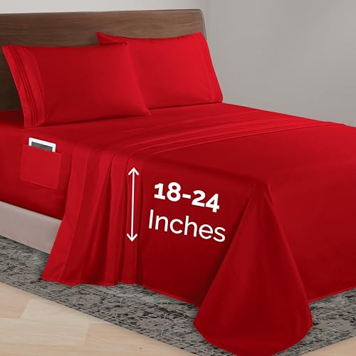 Elegant Comfort Luxurious 1500 Premium Hotel Quality Microfiber 4-Piece Sheet Set, 18-24 Inches Deep - Extra Deep Pocket Sheets - Ultra Soft 4PC Deep Pocket Sheets, Twin/Twin XL, Red