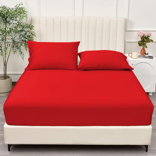 PRIME LINENS Brushed Microfiber Fitted Sheet 30 Cm Deep Pocket Easy Care Bed Sheet Ultra Soft Bottom Sheet Shrinkage & Fade Resistant (Red, Double)