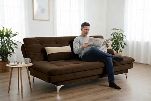 Image of FURNY Supersoft 3 Seater Fabric Sofa Cum Bed with Ottoman (Dark Brown) Premium Velvet Finish with Extra 2 Cushions | Ideal for Living Rooms, Bedrooms, Offices